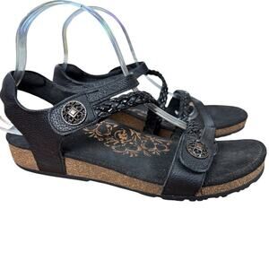 Aetrex Jillian Black Leather Wedge Comfort Sandals Shoes Strappy Womens sz 9